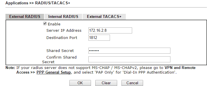 a screenshot of DrayOS External RADIUS Server Settings